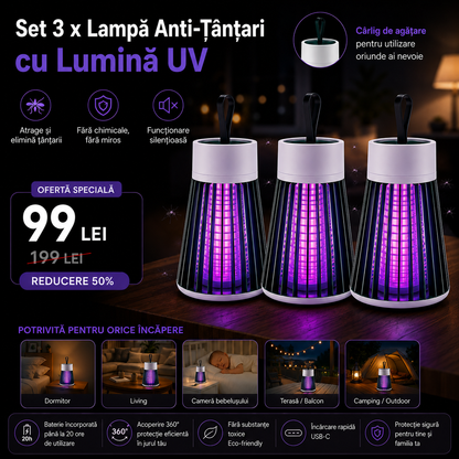 Set 3 x Lampă Anti-Țânțari cu Lumină UV si Plasă Electrică de Înaltă Tensiune, Portabilă, Silențioasă