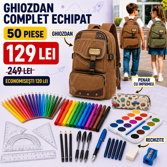 Ghiozdan Școlar Mare (40×30×15cm), Echipat Complet cu 50 Piese, Ghiozdan + Penar + Rechizite, D6M2