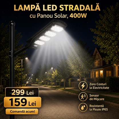 Lampă LED Stradală cu Panou Solar, Acumulator Intern, Senzor de Mișcare, Telecomandă, Sistem Prindere Inclus