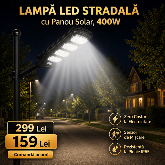 Lampă LED Stradală cu Panou Solar, Acumulator Intern, Senzor de Mișcare, Telecomandă, Sistem Prindere Inclus