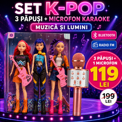 Set K-POP: Set 3 Păpuși K-Pop Demon Hunters 28cm, cu Muzică și Lumini, Accesorii și Cutie Cadou + Microfon Wireless cu Boxă pentru Karaoke (Bluetooth si Radio)