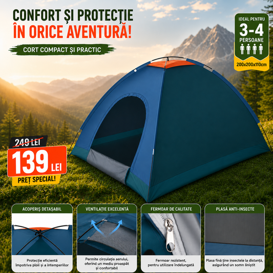 Cort Camping pentru 3-4 Persoane (Dimensiuni 200x200x135cm), Foarte Solid și Rezistent la Intemperii, Impermeabil, Protecție UV, Plasă Anti-Insecte, Geantă Transport