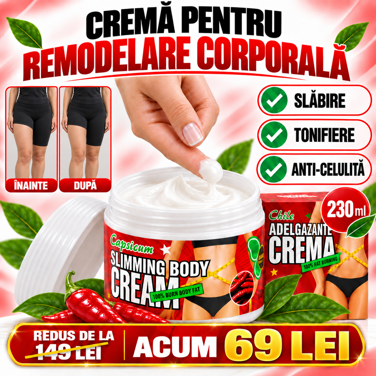 Cremă Remodelare Corporală, Ajută la SLĂBIRE, ANTI-CELULITĂ și TONIFIERE, cu Ardei Iute, L-Carnitina și Extracte de Alge Marine și Cacao, 230ml