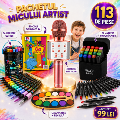 Pachetul Micului Artist cu 113 Piese: Microfon Wireless cu Boxă pentru Karaoke (Bluetooth si Radio) + Set 36 Markere Glitter cu Sclipici + Set 24 Markere cu 2 Capete și Gentuță + Set 12 Acuarele cu Pensulă + Set 50 Coli A4 pentru Desenat sau Decupat