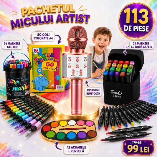Pachetul Micului Artist cu 113 Piese: Microfon Wireless cu Boxă pentru Karaoke (Bluetooth si Radio) + Set 36 Markere Glitter cu Sclipici + Set 24 Markere cu 2 Capete și Gentuță + Set 12 Acuarele cu Pensulă + Set 50 Coli A4 pentru Desenat sau Decupat