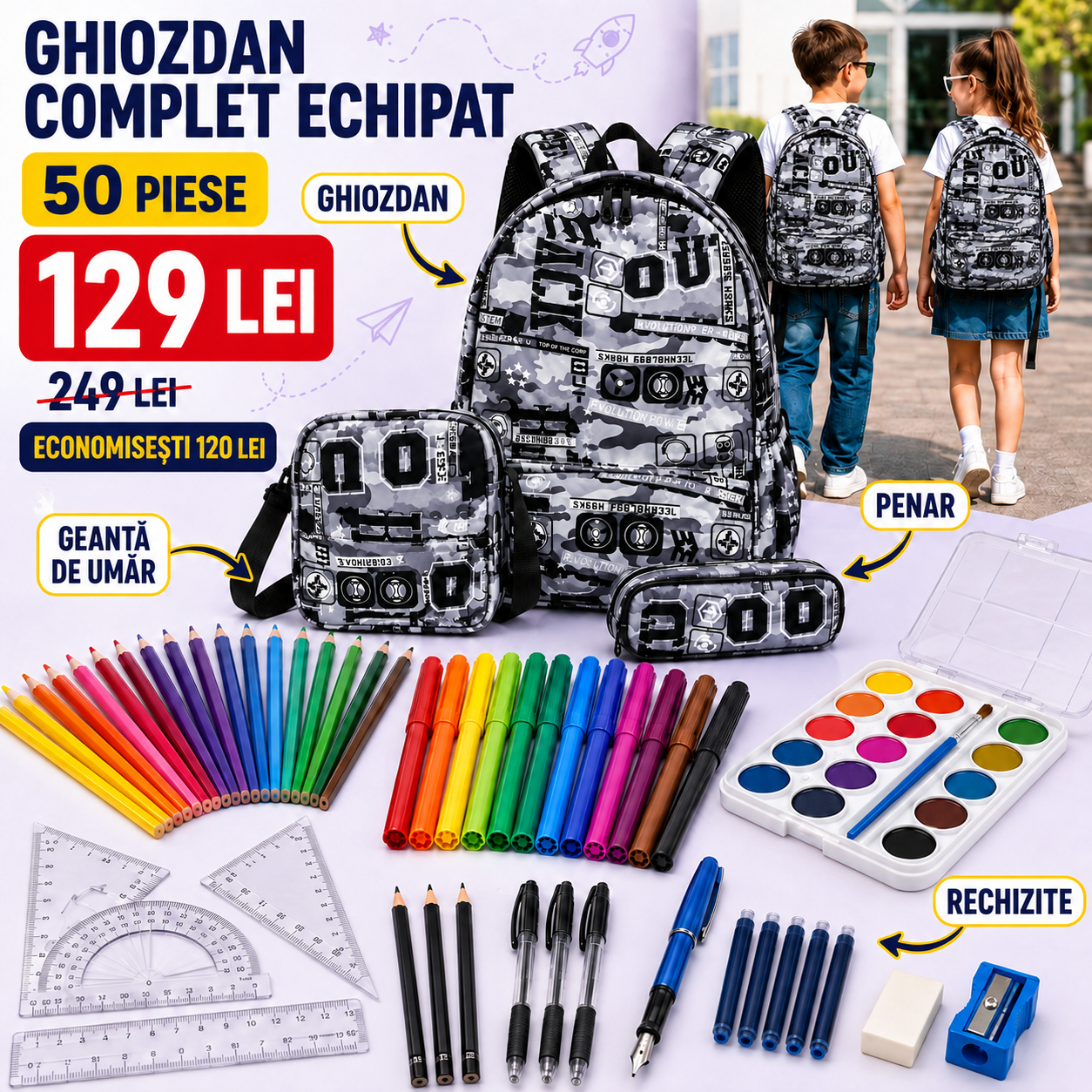 Ghiozdan Școlar Mare (40×30×15cm), Echipat Complet cu 50 Piese, Ghiozdan + Geantă de Umăr + Penar + Rechizite
