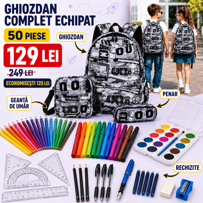 Ghiozdan Școlar Mare (40×30×15cm), Echipat Complet cu 50 Piese, Ghiozdan + Geantă de Umăr + Penar + Rechizite