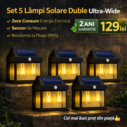 Set 5 Lămpi DUBLE cu Încărcare Solară, 3 Moduri Iluminare, Senzor de Mișcare, Rezistență la Ploaie (IP65), Mod Automat Noapte/Zi