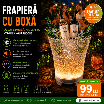 Frapieră PREMIUM cu Boxă Integrată (Conectare Bluetooth) și Iluminare LED Multicolor RGB, Capacitate Mare de 7 Litri, Reîncarcabilă (USB Type-C)