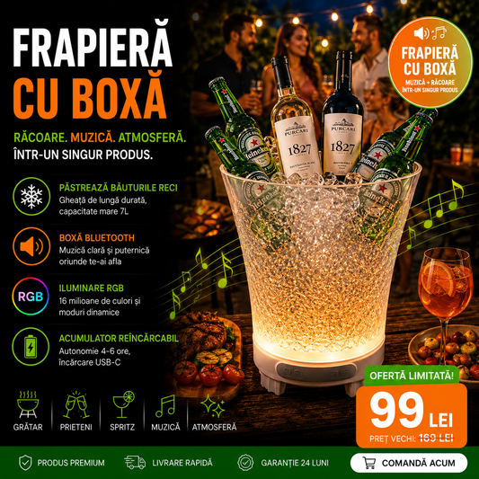 Frapieră PREMIUM cu Boxă Integrată (Conectare Bluetooth) și Iluminare LED Multicolor RGB, Capacitate Mare de 7 Litri, Reîncarcabilă (USB Type-C)