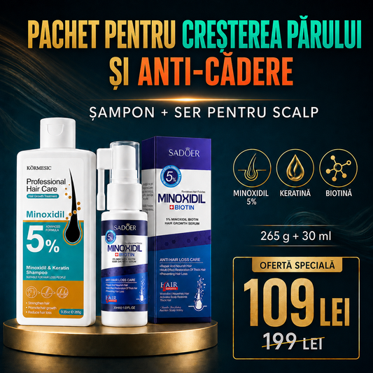 Pachet pentru Creșterea Părului și Anti-Cădere: Șampon cu Minoxidil 5% și Keratină, 265g + Set pentru Scalp cu Minoxidil 5% + Biotin, 30ml