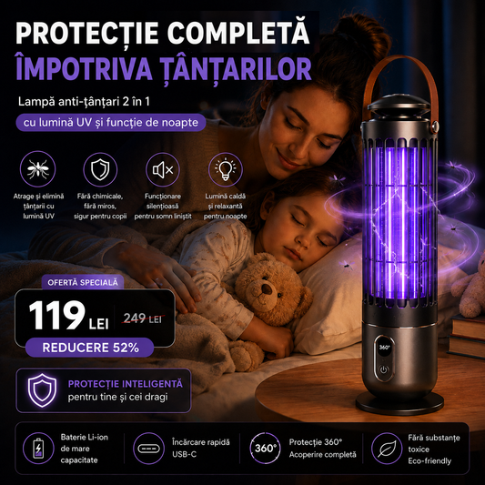 Model 2 | Lampă Anti-Țânțari 2 în 1 cu Lumină UV si Plasă Electrică de Înaltă Tensiune, Temporizare 3 Trepte, Portabilă, Silențioasă, Acoperire 360°