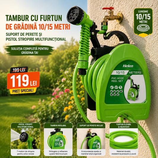 Tambur cu Furtun pentru Grădină, Lungime 10/15 Metri, Suport pentru Perete si Pistol Stropire Multifuncțional (7 Moduri)