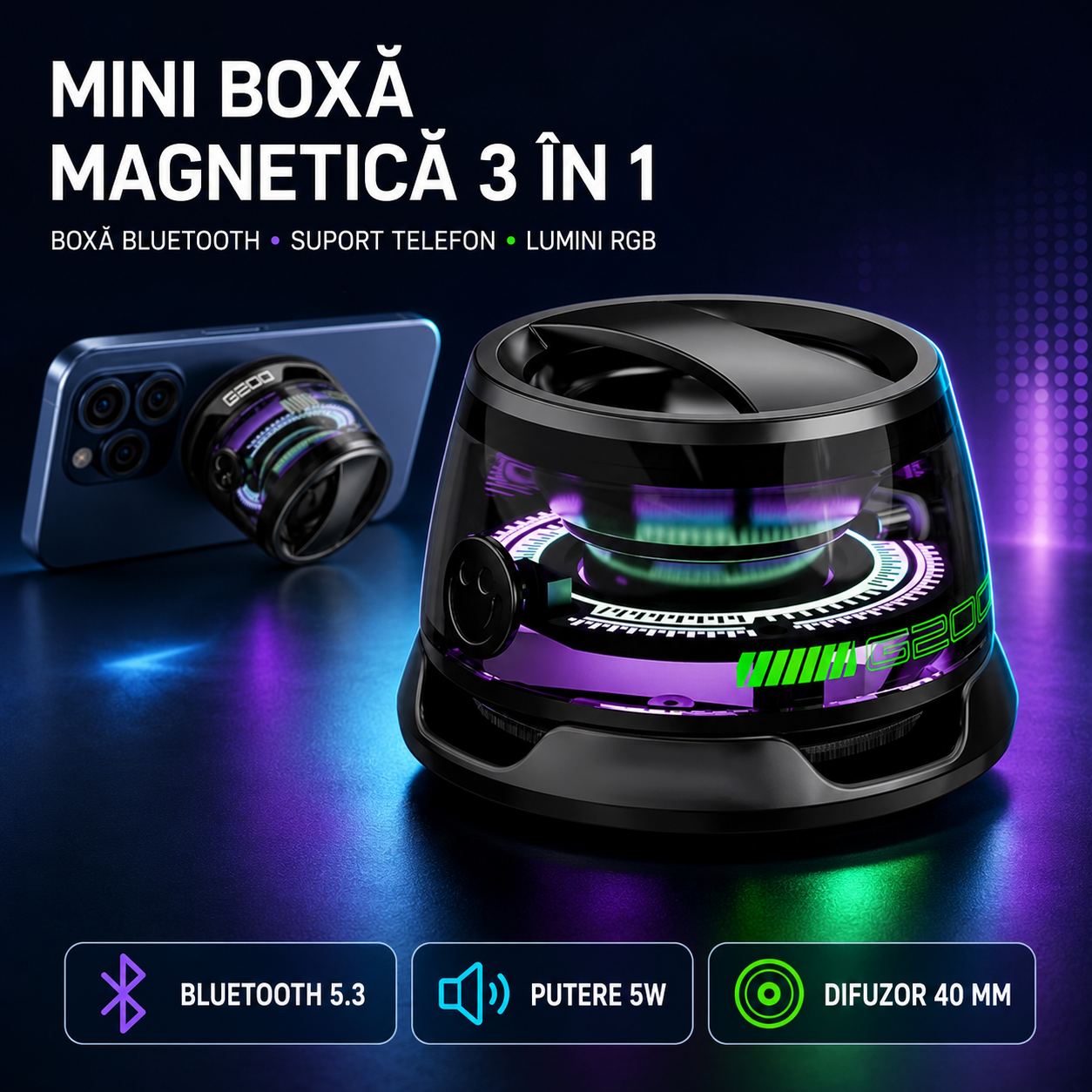 Boxă Portabilă Bluetooth, Prindere Magnetică, Funcție Suport Telefon, Joc de Lumini, Sunet Clar și Puternic (5W), Bass Bun, Rezistentă la Apă, Autonomie Mare (6-8 ore)