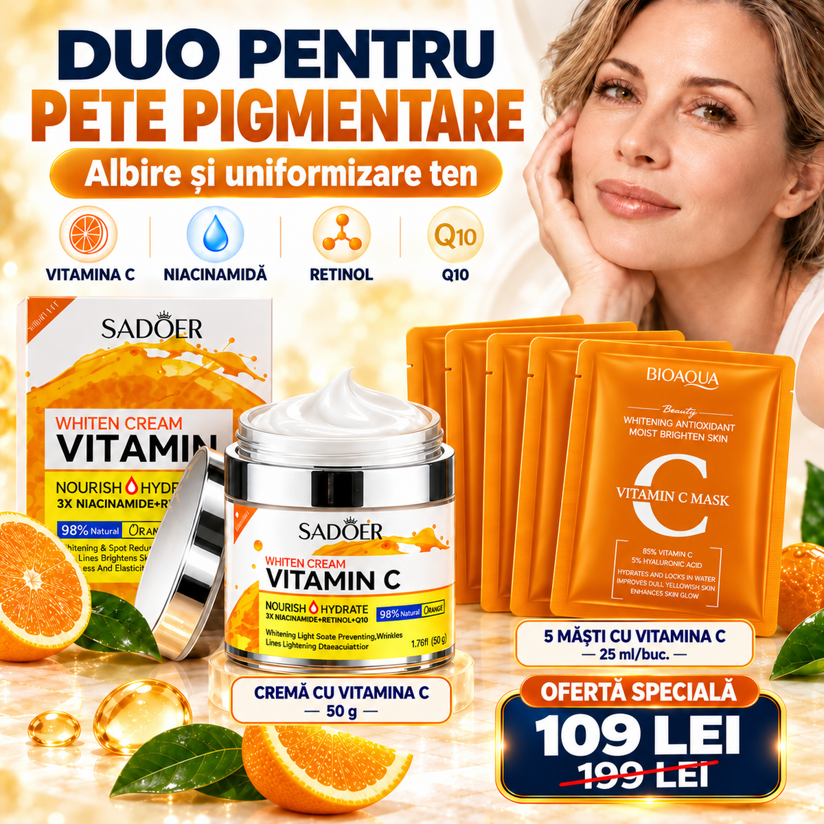 Duo Pete Pigmentare: Cremă Iluminatoare cu Vitamina C, Niacinamidă, Retinol și Q10 (98% Natural, 50g) + Set 5 Măști cu Vitamina C