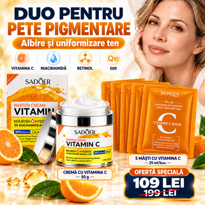 Duo Pete Pigmentare: Cremă Iluminatoare cu Vitamina C, Niacinamidă, Retinol și Q10 (98% Natural, 50g) + Set 5 Măști cu Vitamina C