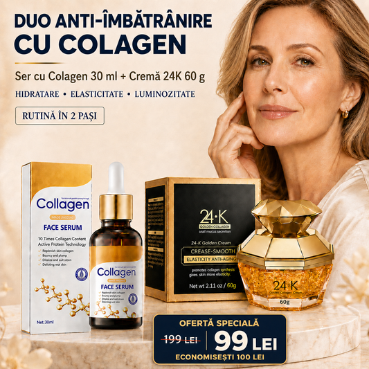 Pachet Îngrijire Ten: Cremă 24K Golden Collagen + Ser Facial Collagen, DUO Anti-Îmbătrânire, Anti-Riduri, Redare Aspect Tânăr și Fermitatea Tenului