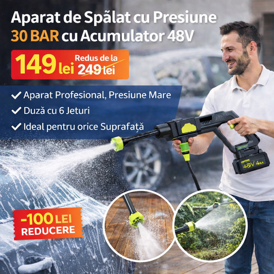 Aparat de Spălat cu Presiune, Acumulator 48 V, 30 BAR, Duză 6-în-1, Furtun 5 m, Bidon Soluție de Spălat, Filtru de murdărie, Cutie Depozitare, Presiune Reglabilă