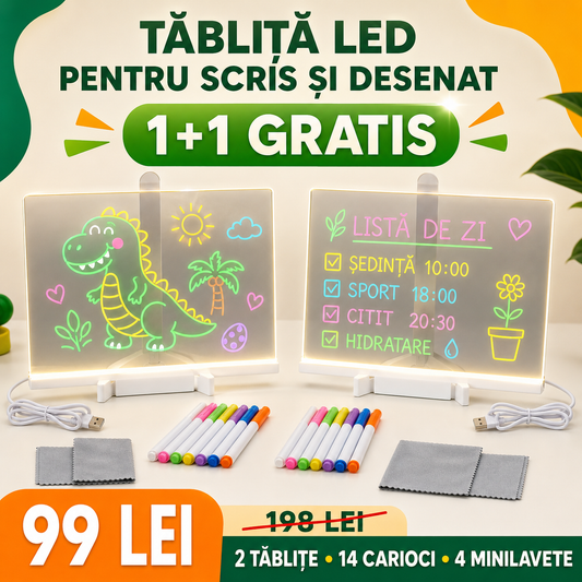 1+1 GRATIS | Set Tăbliță LED cu Suport pentru Desenat sau Scris Mesaje, Reutilizabilă, cu 7 Carioci și Lavete pentru Șters, ideală pentru Copii (Desenat, Scris, Pictat) sau pentru Adulți (Notițe, Memo, Mesaje), Dimensiune 30x20cm, Alimentare USB