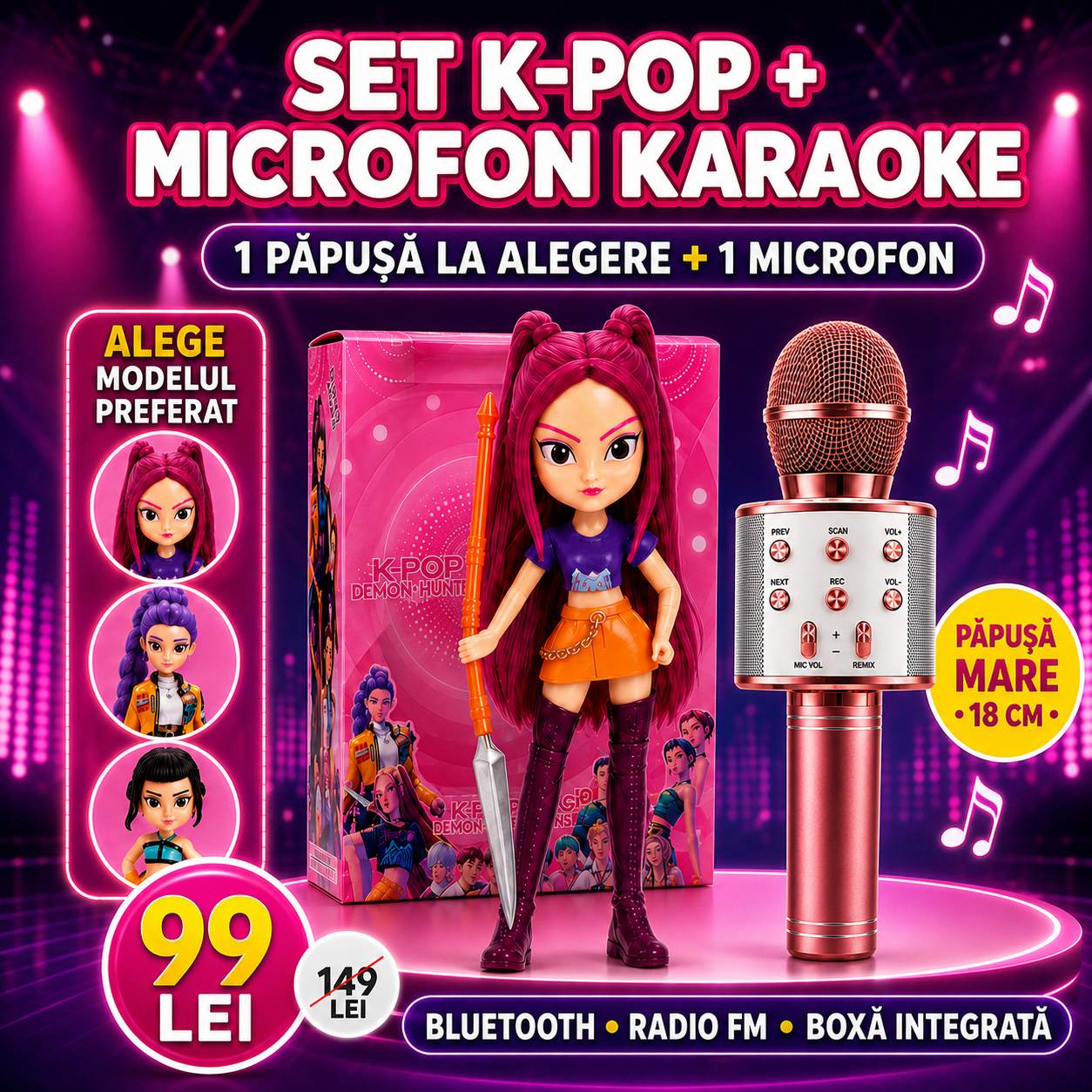 Set K-POP: Păpușă K-Pop Demon Hunters 18cm, cu Accesorii și Cutie Cadou + Microfon Wireless cu Boxă pentru Karaoke (Bluetooth si Radio)