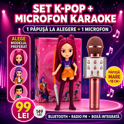 Set K-POP: Păpușă K-Pop Demon Hunters 18cm, cu Accesorii și Cutie Cadou + Microfon Wireless cu Boxă pentru Karaoke (Bluetooth si Radio)