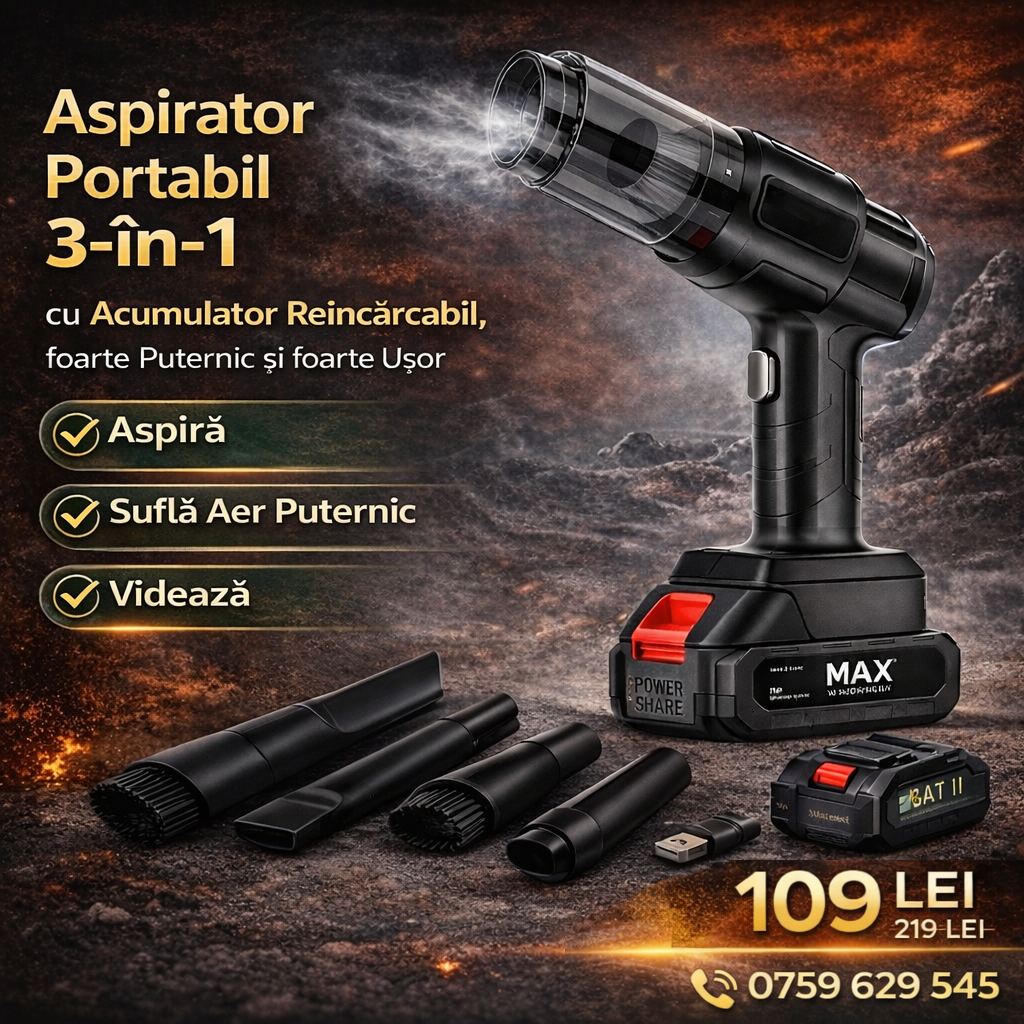 Aspirator Portabil 3-în-1 (Aspiră, Suflă Aer Puternic și Videază), cu Acumulator Reîncărcabil, foarte Puternic și foarte Ușor