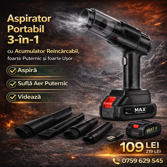 Aspirator Portabil 3-în-1 (Aspiră, Suflă Aer Puternic și Videază), cu Acumulator Reîncărcabil, foarte Puternic și foarte Ușor
