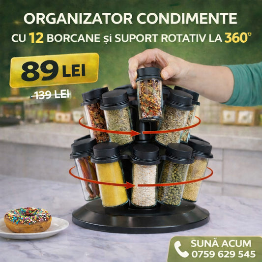 Organizator Condimente cu 12 Borcane și Suport Rotativ la 360°