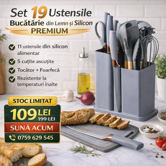 Set 19 Piese Ustensile Bucătărie, din Silicon Alimentar si Lemn, Termorezistente, Include 11 Ustensile, 5 Cuțite, 1 Tocător, 1 Foarfecă și Suport