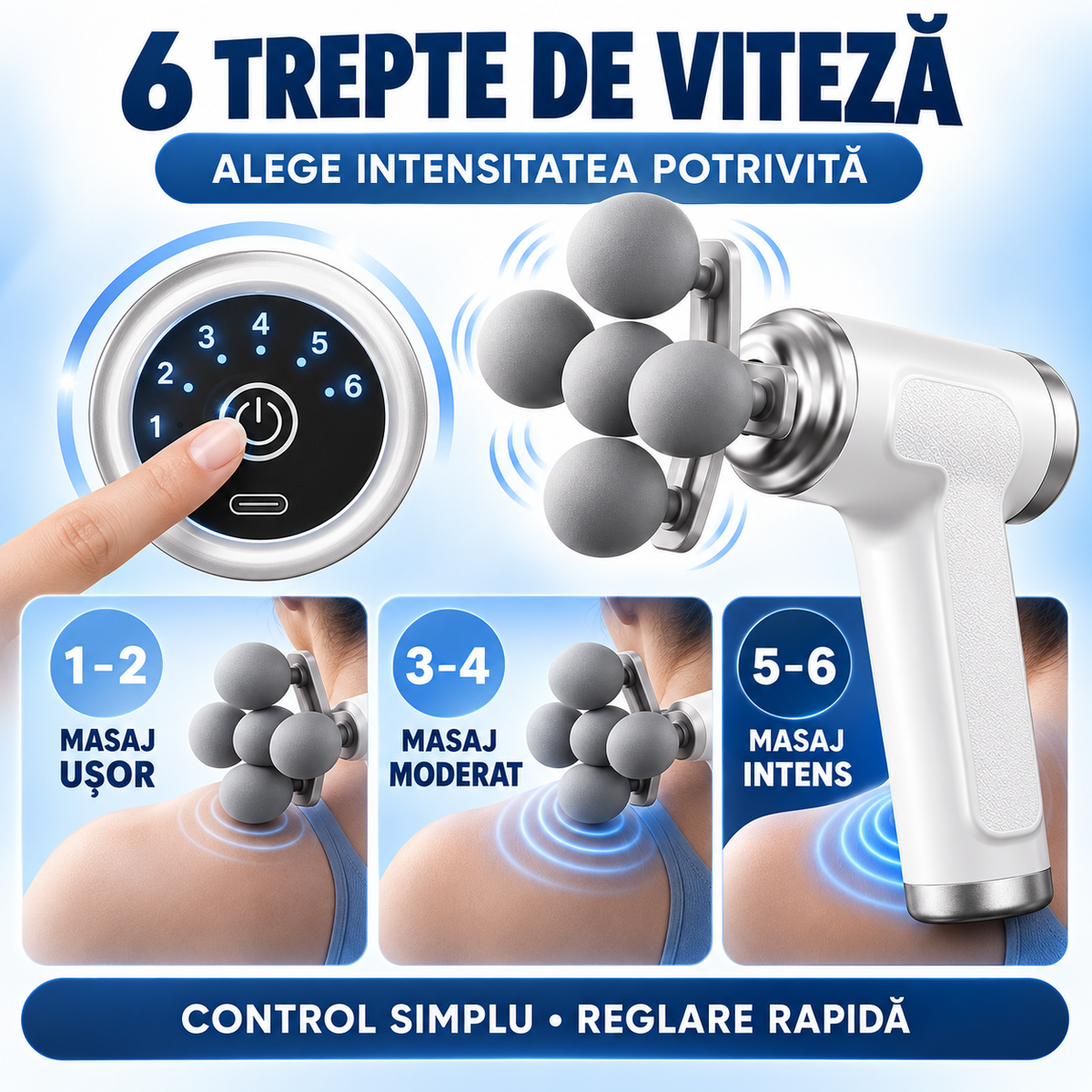 Pistol de Masaj Profesional cu 9 Capete Interschimbabile, Cap Special cu 5 Bile, 6 Trepte de Viteză și Acumulator Reîncărcabil