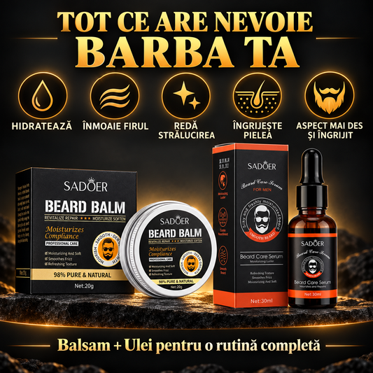 Pachet Îngrijire Barbă (Ulei 30ml + Balsam 20g) cu Extracte Naturale de Plante, pentru Hidratare și Fortifiere
