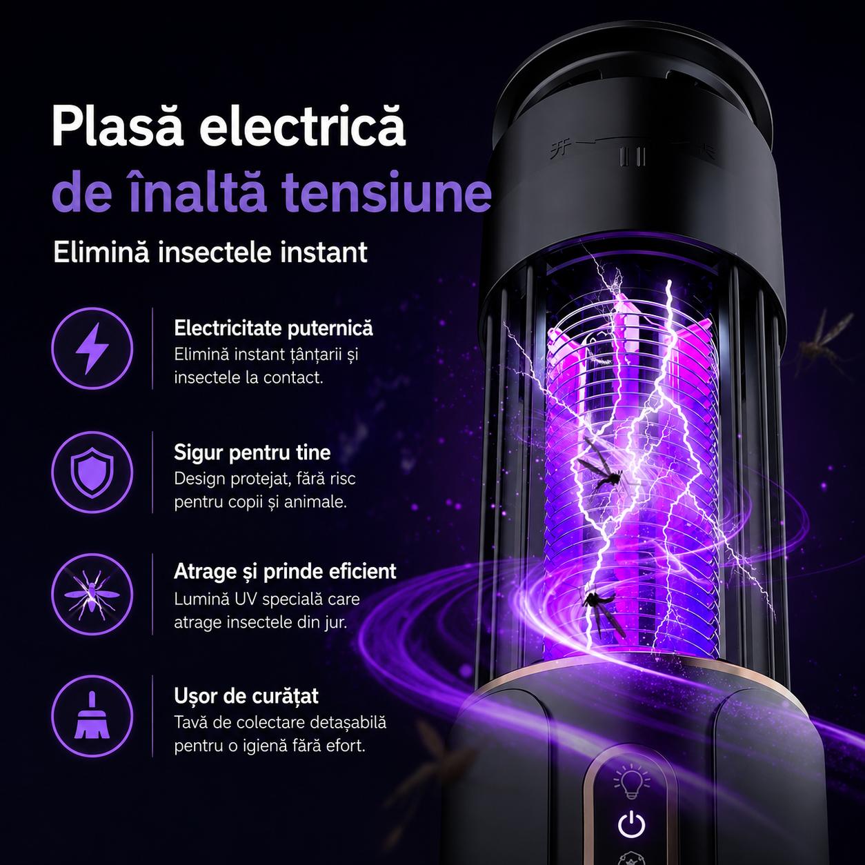 Model 1 | Lampă Anti-Țânțari 2 în 1 cu Lumină UV si Plasă Electrică de Înaltă Tensiune, Temporizare 3 Trepte, Portabilă, Silențioasă, Acoperire 360°