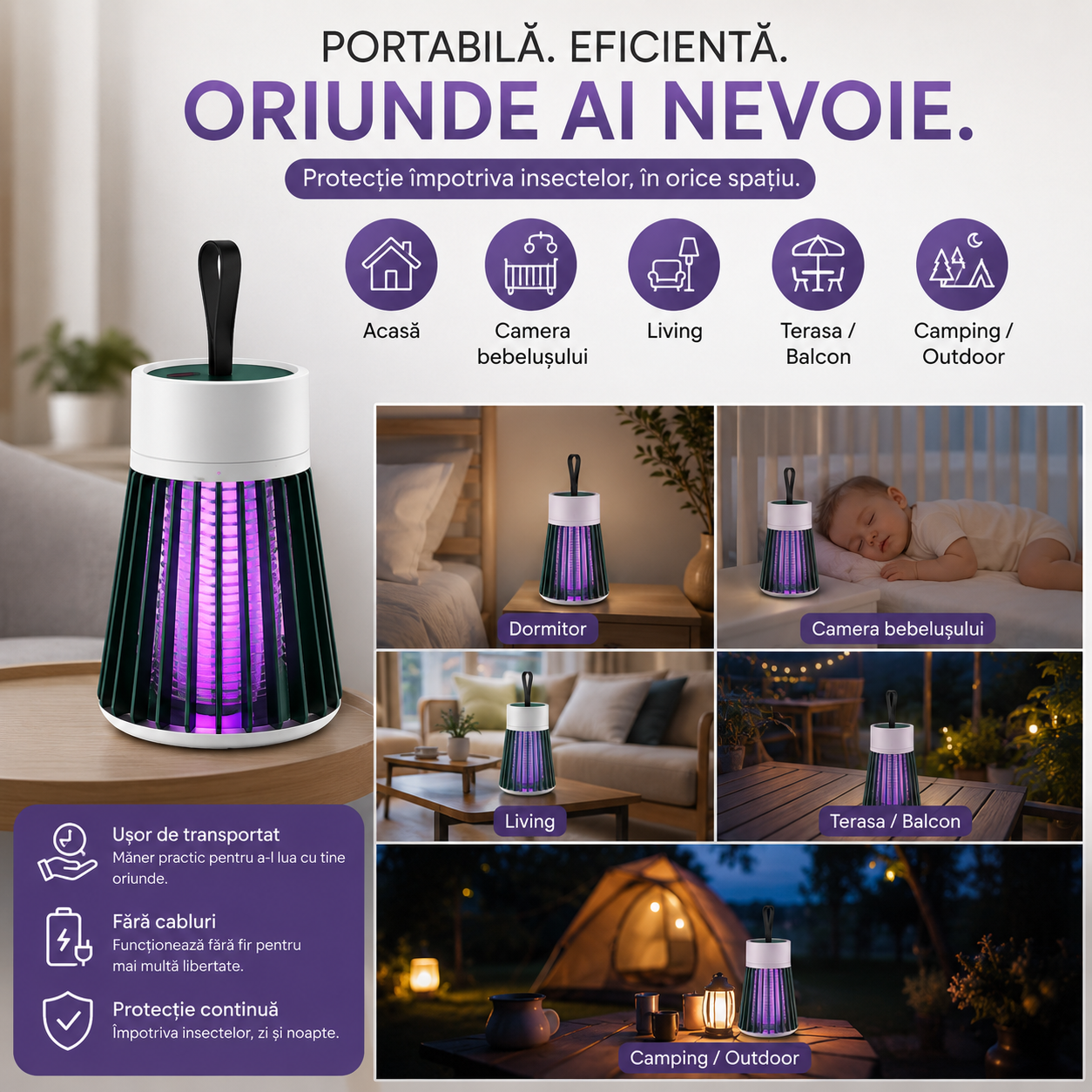 Set 3 x Lampă Anti-Țânțari cu Lumină UV si Plasă Electrică de Înaltă Tensiune, Portabilă, Silențioasă