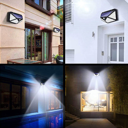 Lămpi Solare cu 100 LED-uri, 3 Moduri Iluminare, Senzor de Mișcare, Rezistență la Ploaie (IP65), Mod Automat Noapte, Unghi Mare de Iluminare 270 Grade