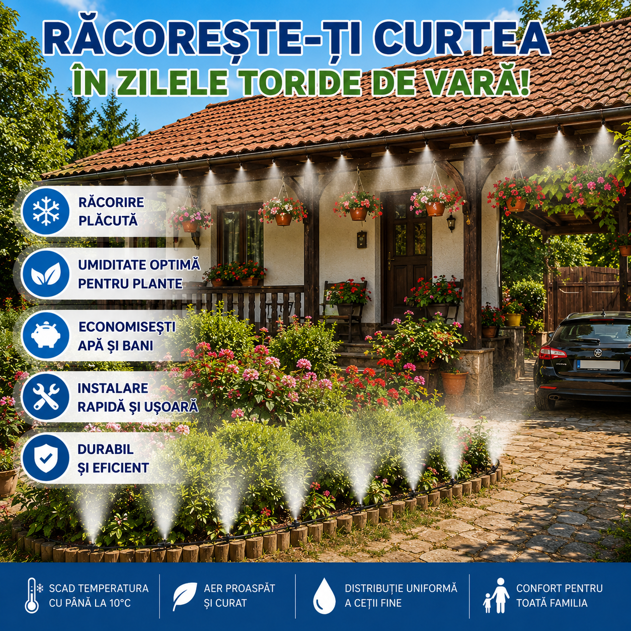 Kit Răcire cu Pulverizare Apă sub Formă de Vapori (Ceață), ideal pentru Terasă, Grădină, Balcon sau Plante / Animale - Scade Temperatura cu 10 Grade