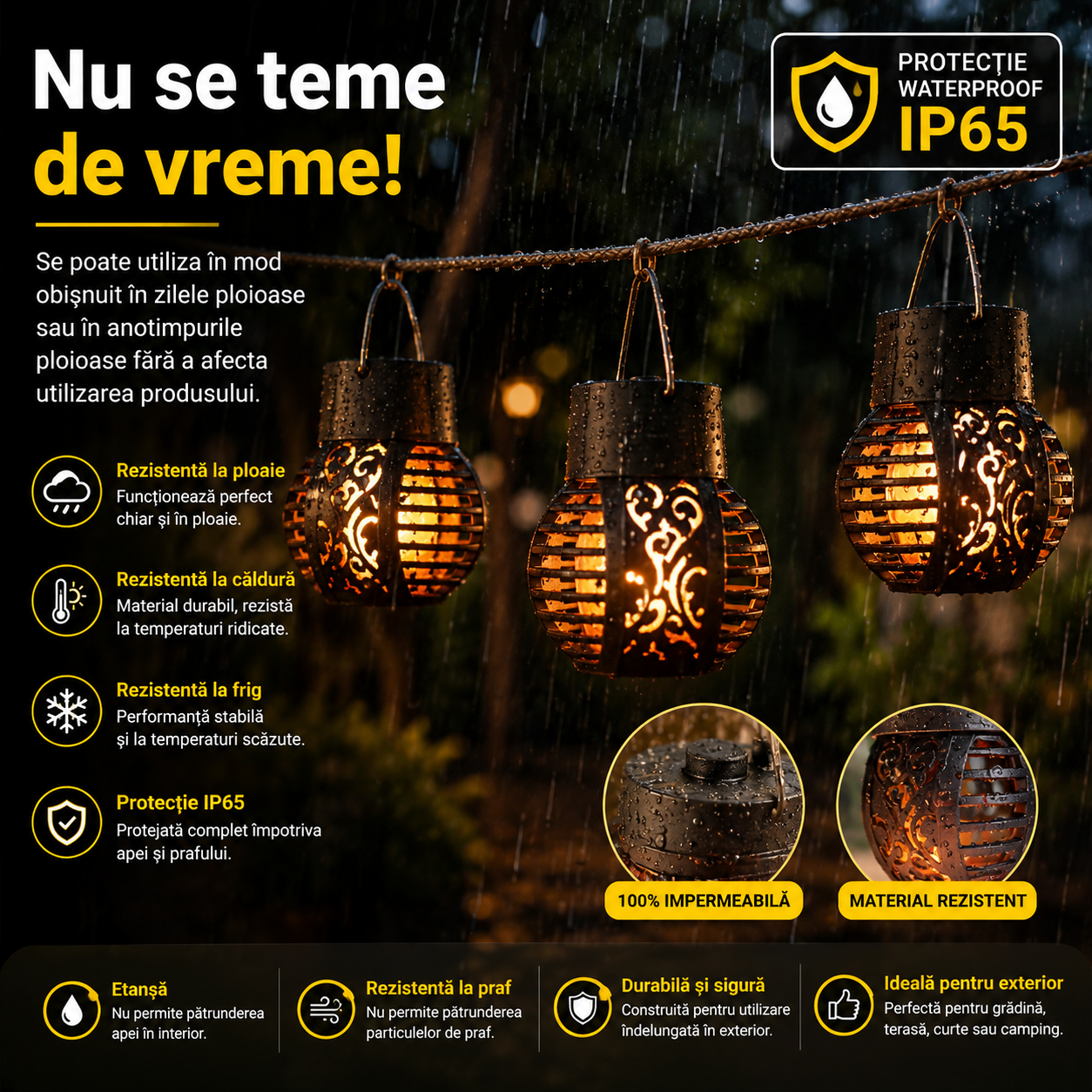 Lămpi Solare Suspendate (Grădină, Terasă, Copaci), cu Efect de Flacără, Rezistență la Ploaie (IP65), Mod Automat Noapte/Zi