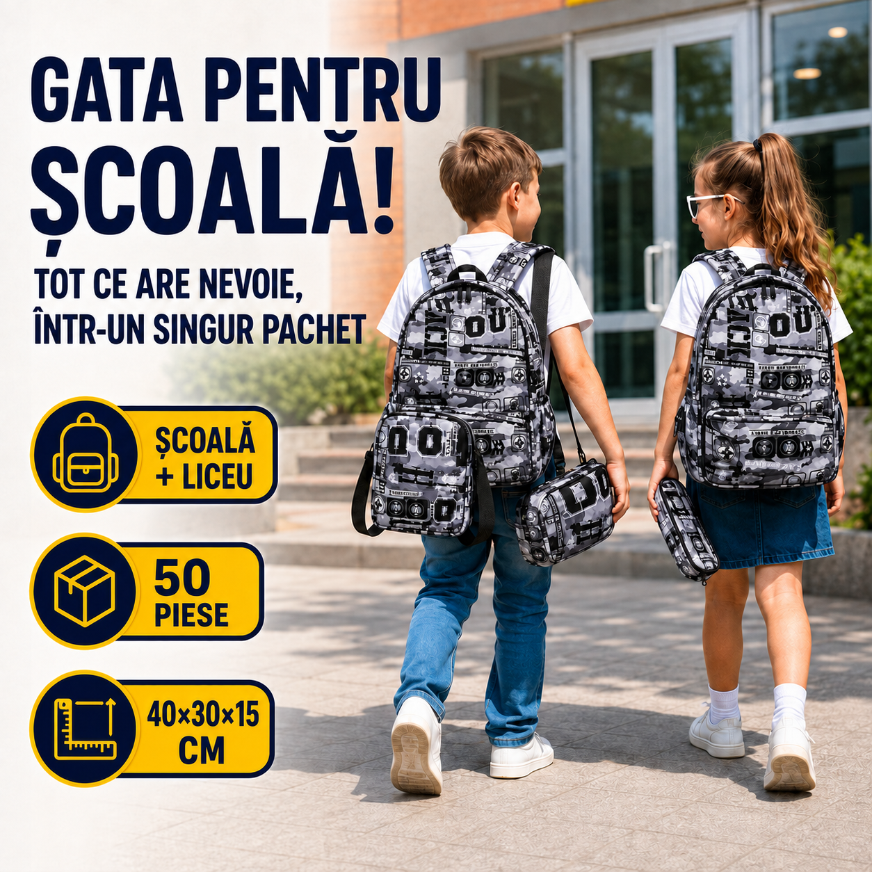 Ghiozdan Școlar Mare (40×30×15cm), Echipat Complet cu 50 Piese, Ghiozdan + Geantă de Umăr + Penar + Rechizite