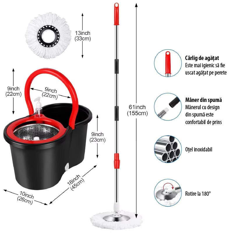Set Mop Rotativ 360° cu Găleată Dublă de 8 Litri, Mâner Inox Telescopic, 5 Rezerve Microfibră Incluse
