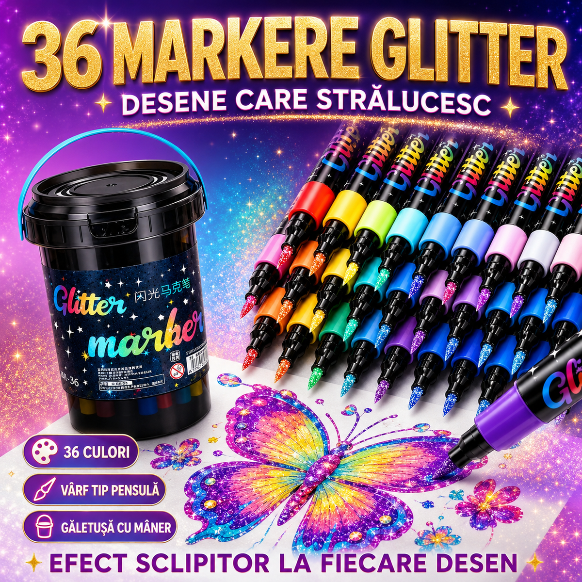 Pachetul Micului Artist cu 113 Piese: Microfon Wireless cu Boxă pentru Karaoke (Bluetooth si Radio) + Set 36 Markere Glitter cu Sclipici + Set 24 Markere cu 2 Capete și Gentuță + Set 12 Acuarele cu Pensulă + Set 50 Coli A4 pentru Desenat sau Decupat