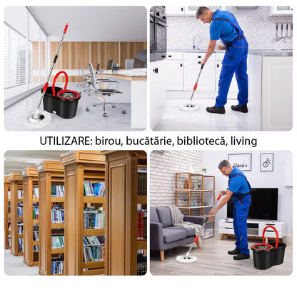 Set Mop Rotativ 360° cu Găleată Dublă de 8 Litri, Mâner Inox Telescopic, 5 Rezerve Microfibră Incluse