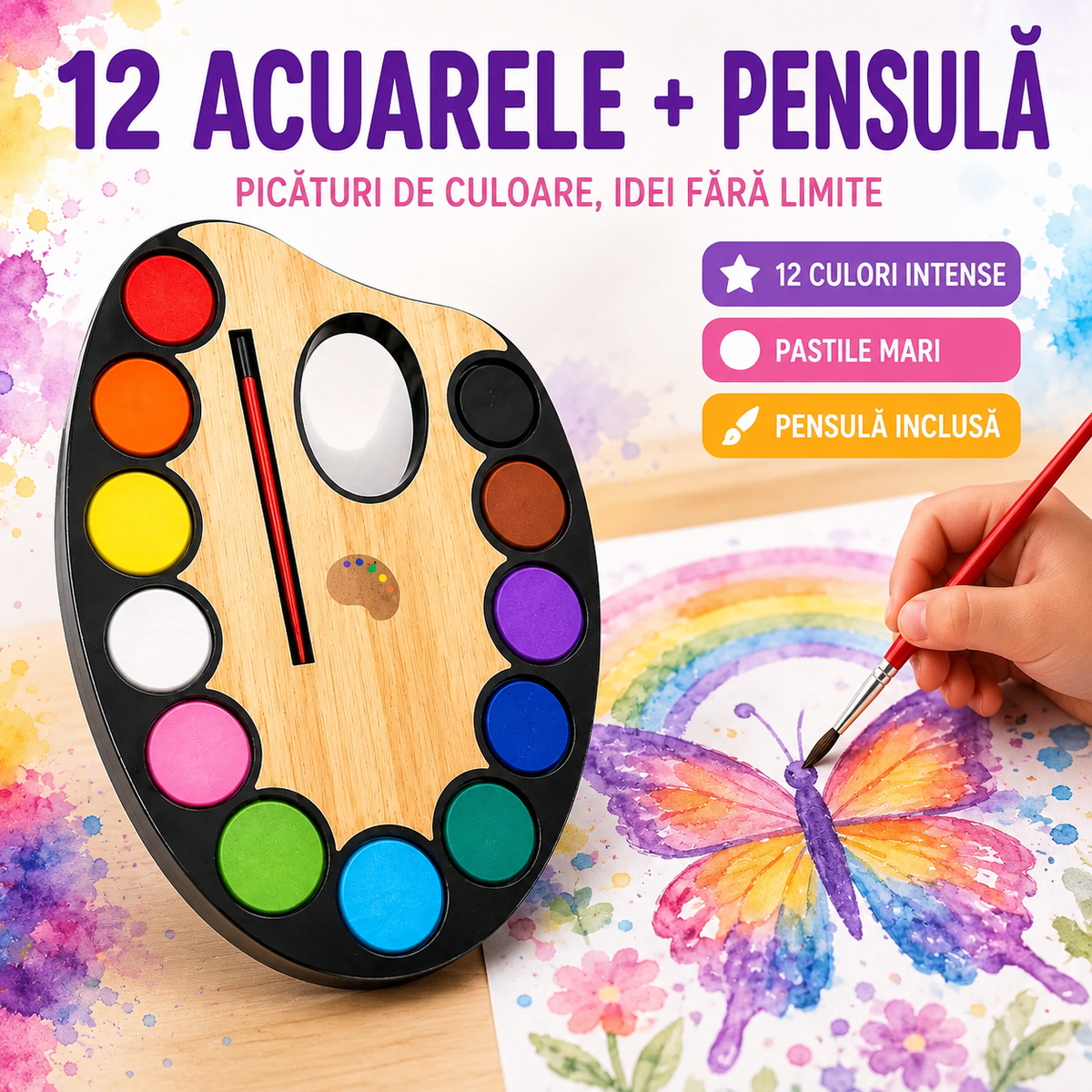 Pachetul Micului Artist cu 113 Piese: Microfon Wireless cu Boxă pentru Karaoke (Bluetooth si Radio) + Set 36 Markere Glitter cu Sclipici + Set 24 Markere cu 2 Capete și Gentuță + Set 12 Acuarele cu Pensulă + Set 50 Coli A4 pentru Desenat sau Decupat