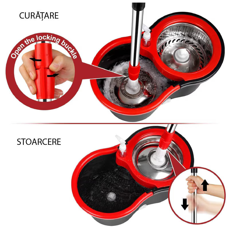 Set Mop Rotativ 360° cu Găleată Dublă de 8 Litri, Mâner Inox Telescopic, 5 Rezerve Microfibră Incluse