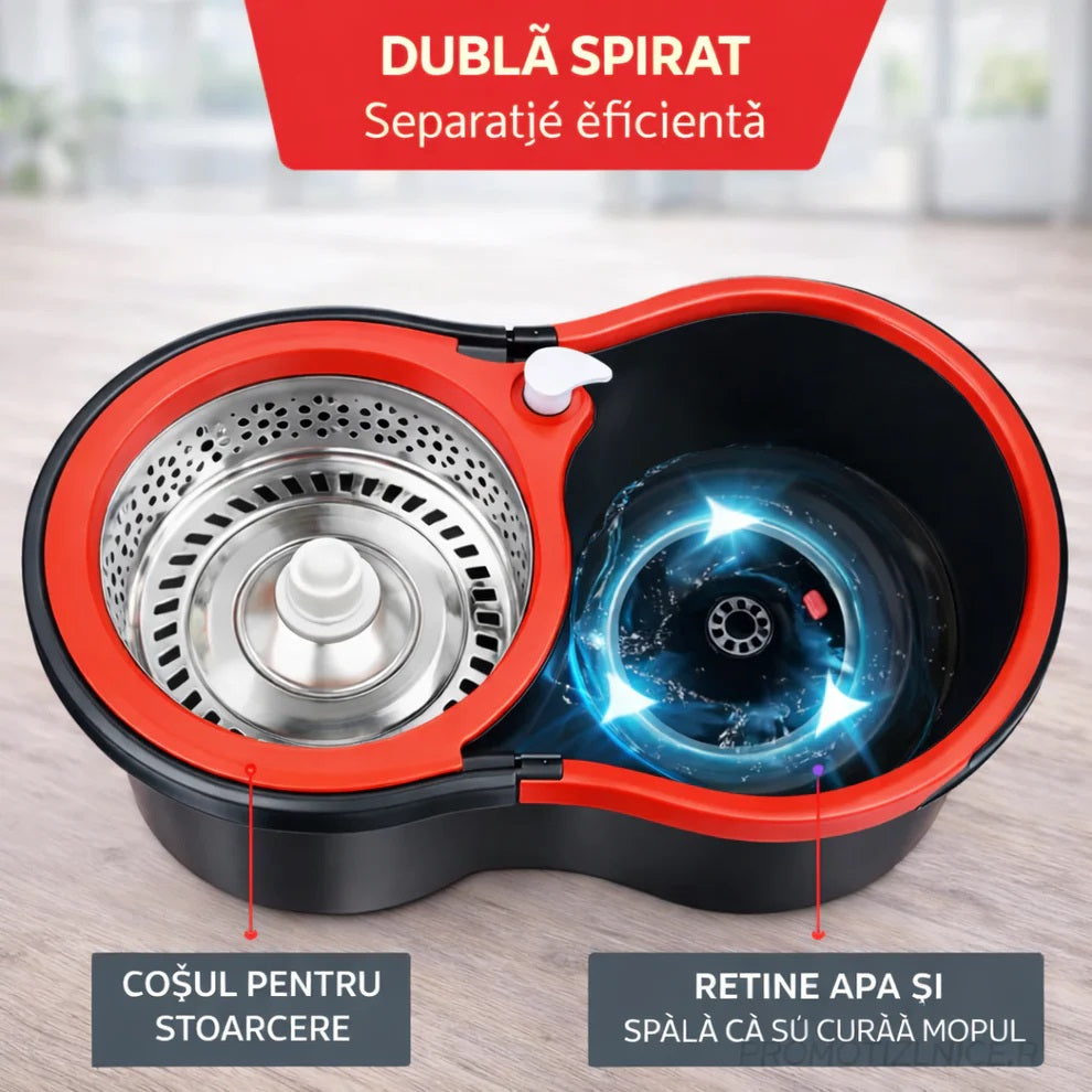 Set Mop Rotativ 360° cu Găleată Dublă de 8 Litri, Mâner Inox Telescopic, 5 Rezerve Microfibră Incluse