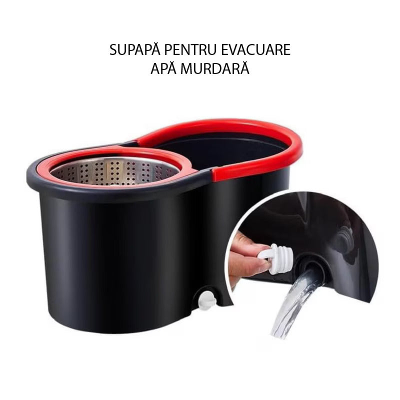 Set Mop Rotativ 360° cu Găleată Dublă de 8 Litri, Mâner Inox Telescopic, 5 Rezerve Microfibră Incluse