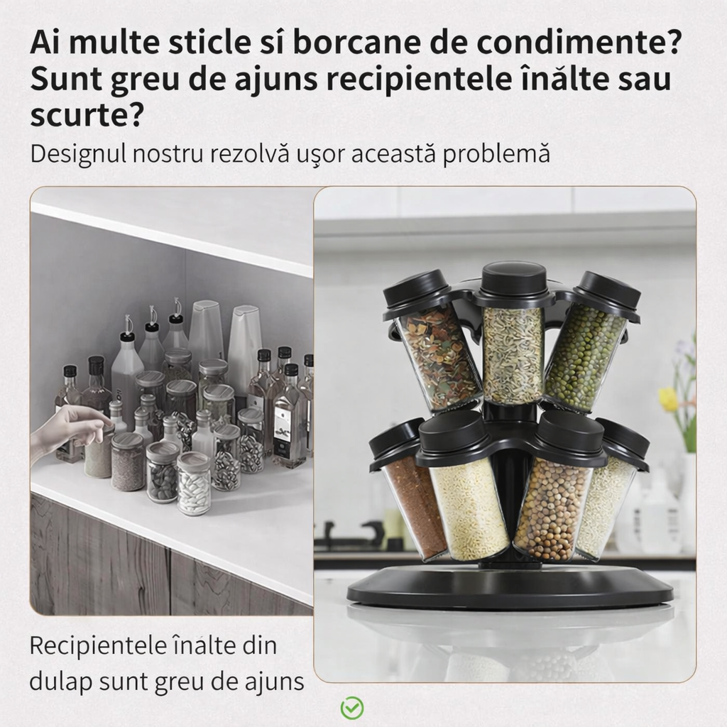 Organizator Condimente cu 12 Borcane și Suport Rotativ la 360°