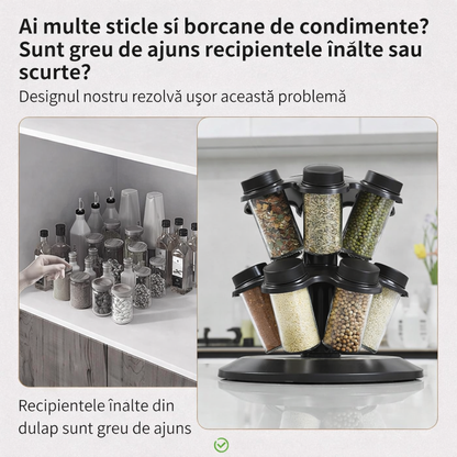 Organizator Condimente cu 12 Borcane și Suport Rotativ la 360°