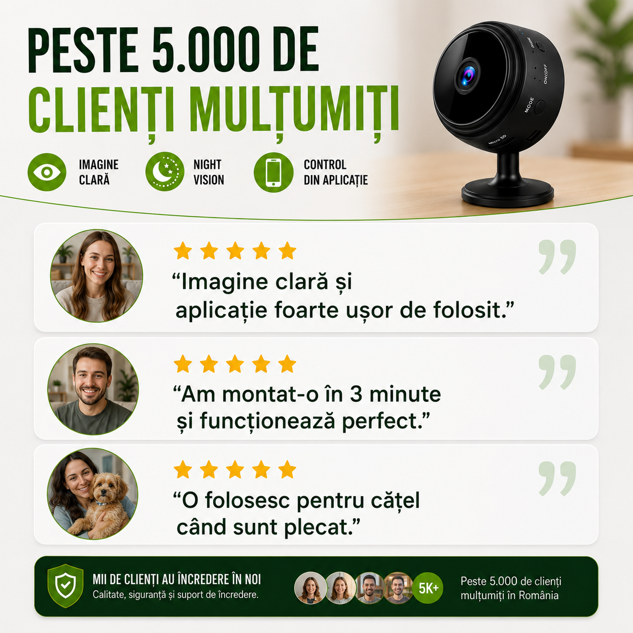 Set 3 Camere Mini, Rezoluție HD 1080P, Conectare WIFI, Vedere Nocturnă, Senzor de Mișcare, Aplicație Android/iOS