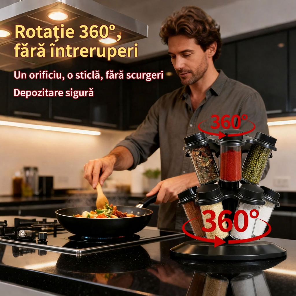 Organizator Condimente cu 12 Borcane și Suport Rotativ la 360°
