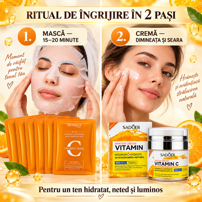 Duo Pete Pigmentare: Cremă Iluminatoare cu Vitamina C, Niacinamidă, Retinol și Q10 (98% Natural, 50g) + Set 5 Măști cu Vitamina C