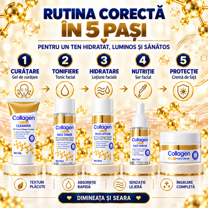 Set Îngrijire Ten cu Colagen Hidrolizat 5-în-1 (Gel de Curățare, Tonic, Loțiune, Ser și Cremă de Față) - Hidratare Intensă și Efect Anti-Îmbătrânire
